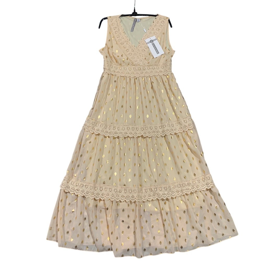 Charlie Charlotte Apricot Gold Dot Tiered Maxi‎ Dress Size M V Neck Sleeveless